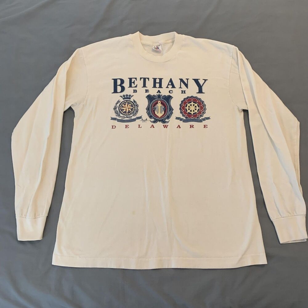 VINTAGE Bethany Beach Delaware Shirt Mens Large White Long Sleeve Made‎ USA 90s